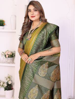 olive south soft silk blend blend woven rich pallu ceremonial saree 4