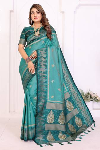 teal color south soft silk blend blend fabric woven rich pallu designer ceremonial saree