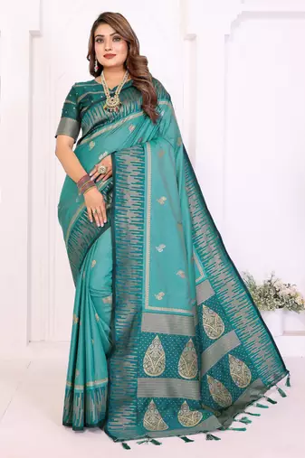 teal color south soft silk blend blend fabric woven rich pallu designer ceremonial saree