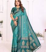teal color south soft silk blend blend fabric woven rich pallu designer ceremonial saree