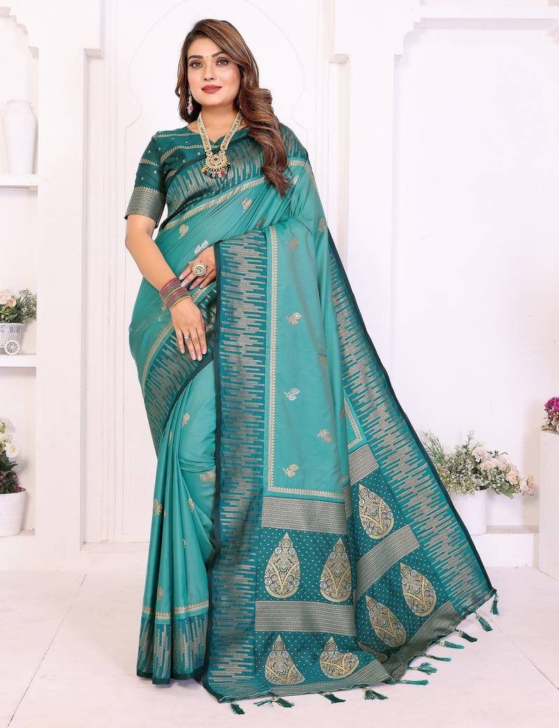 teal color south soft silk blend blend fabric woven rich pallu designer ceremonial saree