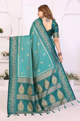 teal south soft silk blend blend woven rich pallu ceremonial saree