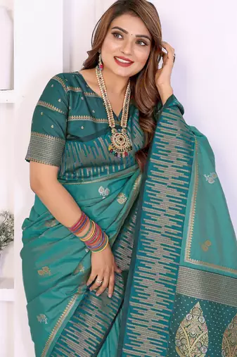 teal south soft silk blend blend woven rich pallu ceremonial saree