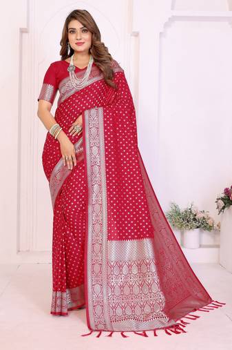 red color georgette fabric woven rich jari butty designer traditional ceremonial saree