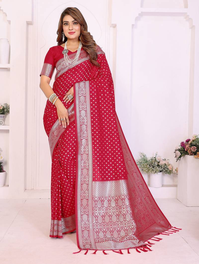 red color georgette fabric woven rich jari butty designer traditional ceremonial saree