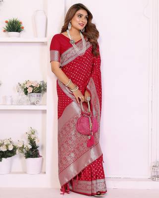 red georgette woven rich zari butty traditional ceremonial saree 5