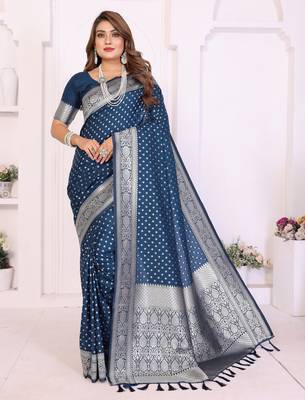 blue georgette woven rich zari butty traditional ceremonial saree 1