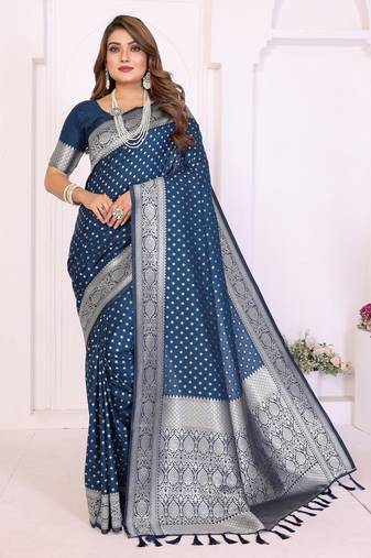 blue color georgette fabric woven rich jari butty designer traditional ceremonial saree