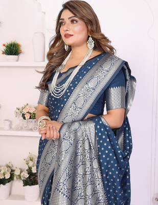 blue georgette woven rich zari butty traditional ceremonial saree 4