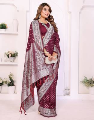 wine georgette woven rich zari butty traditional ceremonial saree 5