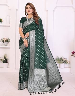 green georgette woven rich zari butty traditional ceremonial saree 1