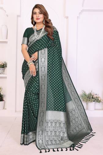 green color georgette fabric woven rich jari butty designer traditional ceremonial saree