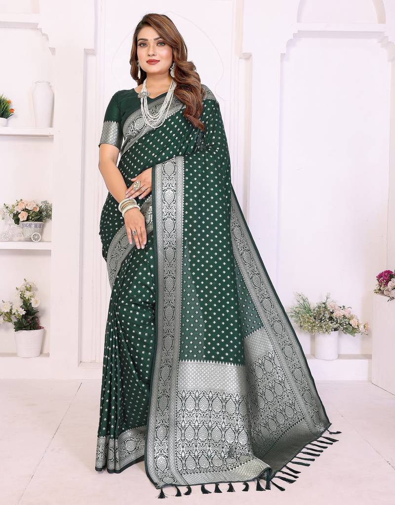 green color georgette fabric woven rich jari butty designer traditional ceremonial saree