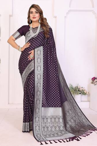 violet color georgette fabric woven rich jari butty designer traditional ceremonial saree