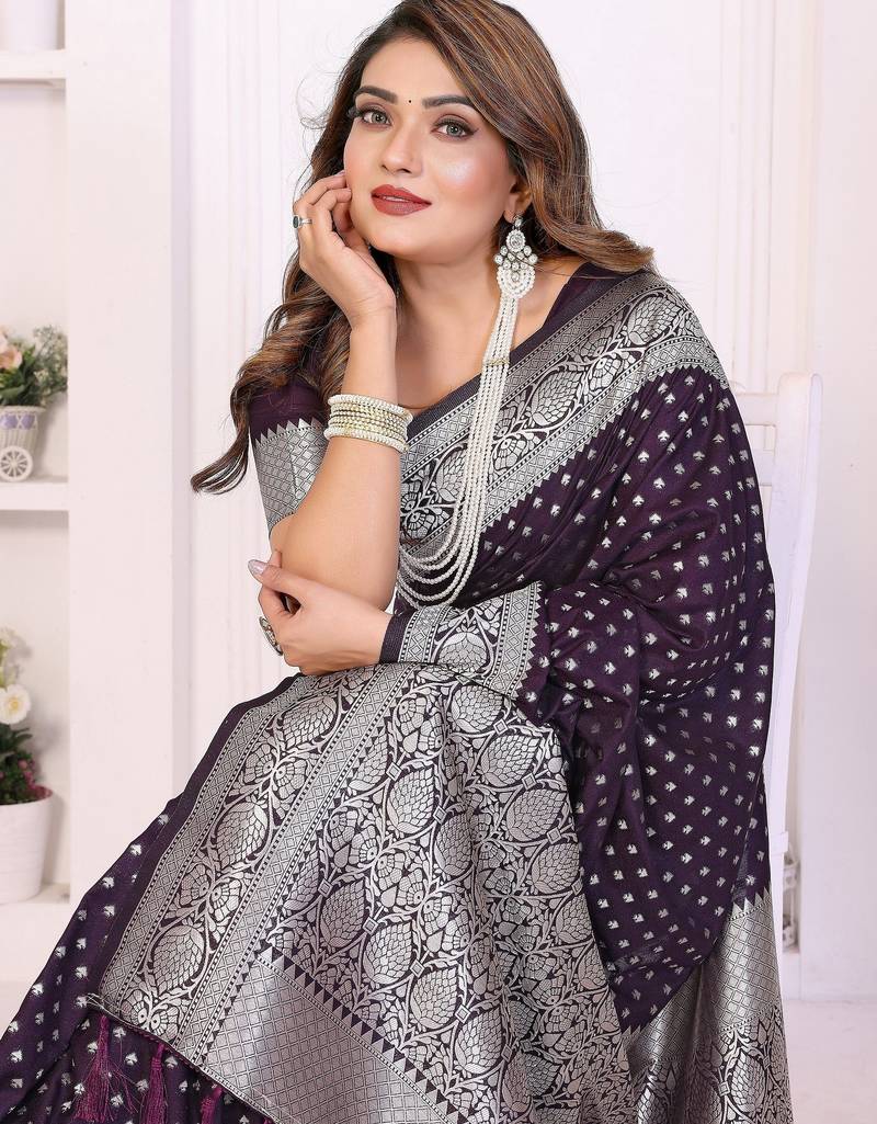 violet color georgette fabric woven rich jari butty designer traditional ceremonial saree