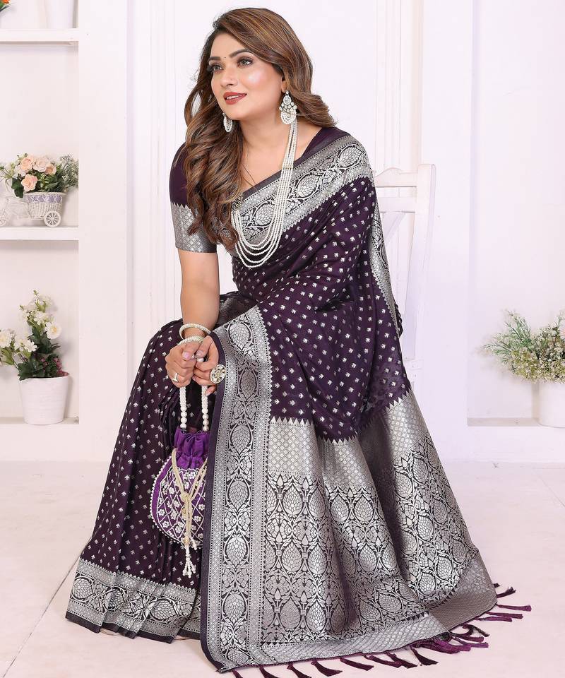 violet color georgette fabric woven rich jari butty designer traditional ceremonial saree