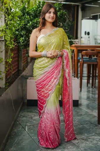 mahendi color trendy fendy satin fabric pedding with beads hand work saree