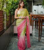 mahendi color trendy fendy satin fabric pedding with beads hand work saree