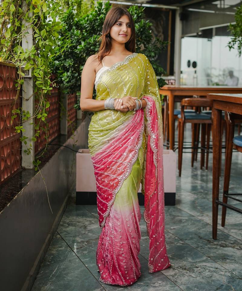 mahendi color trendy fendy satin fabric pedding with beads hand work saree