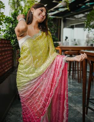 mahendi trendy satin pedding with beads hand work saree 3