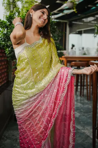 mahendi trendy satin pedding with beads hand work saree