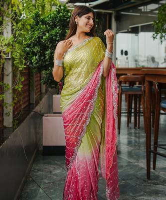 mahendi trendy satin pedding with beads hand work saree 4