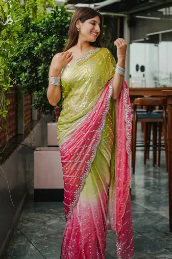 mahendi trendy satin pedding with beads hand work saree