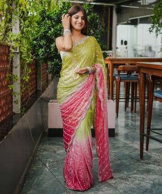 mahendi trendy satin pedding with beads hand work saree 5