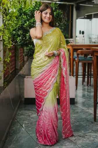 mahendi trendy satin pedding with beads hand work saree