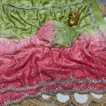 mahendi trendy satin pedding with beads hand work saree 6