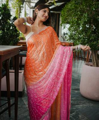 orange trendy satin pedding with beads hand work saree 3