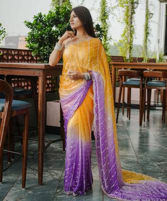 yellow trendy satin pedding with beads hand work saree 4