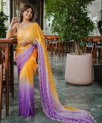 yellow trendy satin pedding with beads hand work saree 5