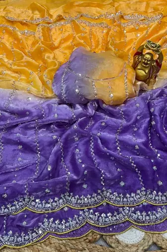 yellow trendy satin pedding with beads hand work saree
