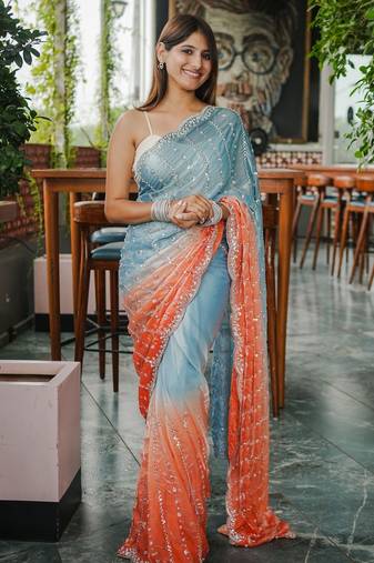 blue color trendy fendy satin fabric pedding with beads hand work saree
