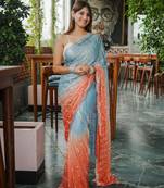 blue color trendy fendy satin fabric pedding with beads hand work saree