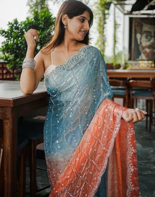 blue trendy satin pedding with beads hand work saree 3