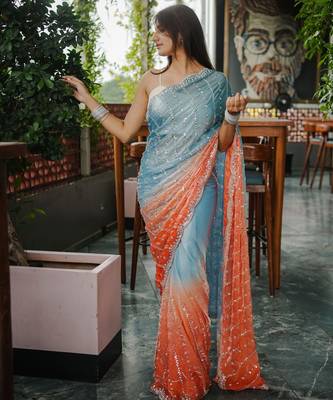 blue trendy satin pedding with beads hand work saree 4