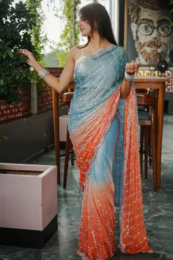 blue trendy satin pedding with beads hand work saree