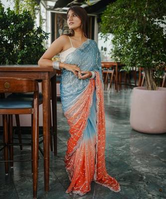 blue trendy satin pedding with beads hand work saree 5