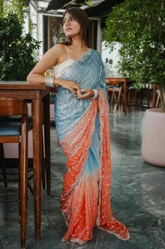 blue trendy satin pedding with beads hand work saree
