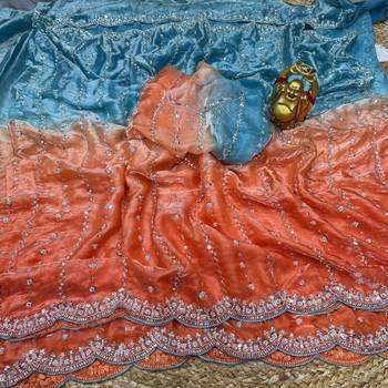 blue trendy satin pedding with beads hand work saree 6