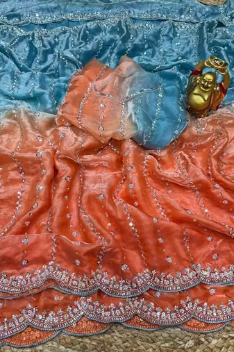 blue trendy satin pedding with beads hand work saree