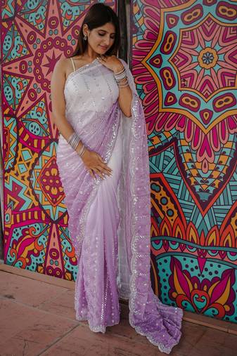 purple color trendy fendy satin fabric pedding with beads hand work saree