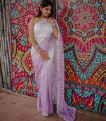 purple color trendy fendy satin fabric pedding with beads hand work saree