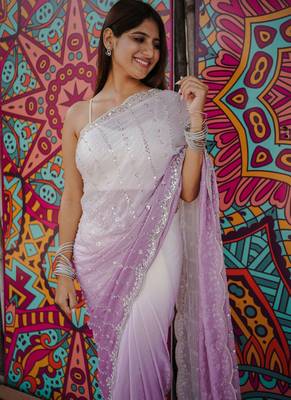 purple color trendy fendy satin fabric pedding with beads hand work saree 3