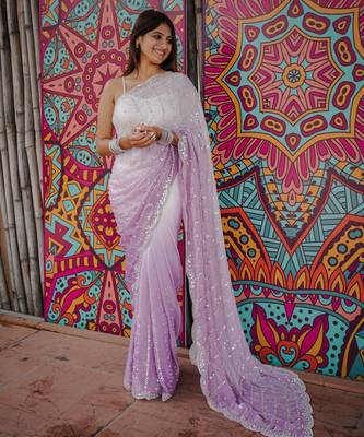 purple color trendy fendy satin fabric pedding with beads hand work saree 4