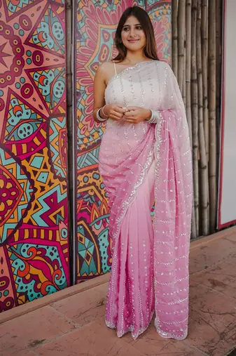 pink color trendy fendy satin fabric pedding with beads hand work saree