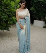 blue color trendy fendy satin fabric pedding with beads hand work saree