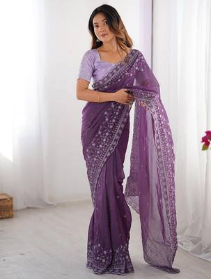 lavender crunchy silk blend blend embroidered partywear saree 1